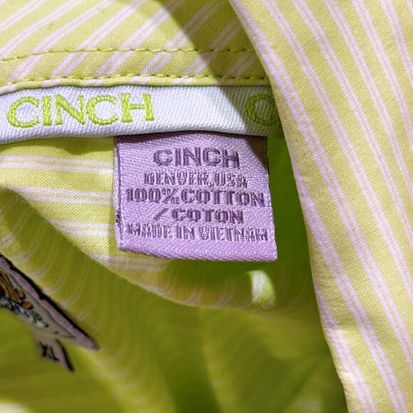 Cinch Mens Button Down Shirt Size XL Lime Green Striped Long Sleeve 100% Cotton - Picture 5 of 5